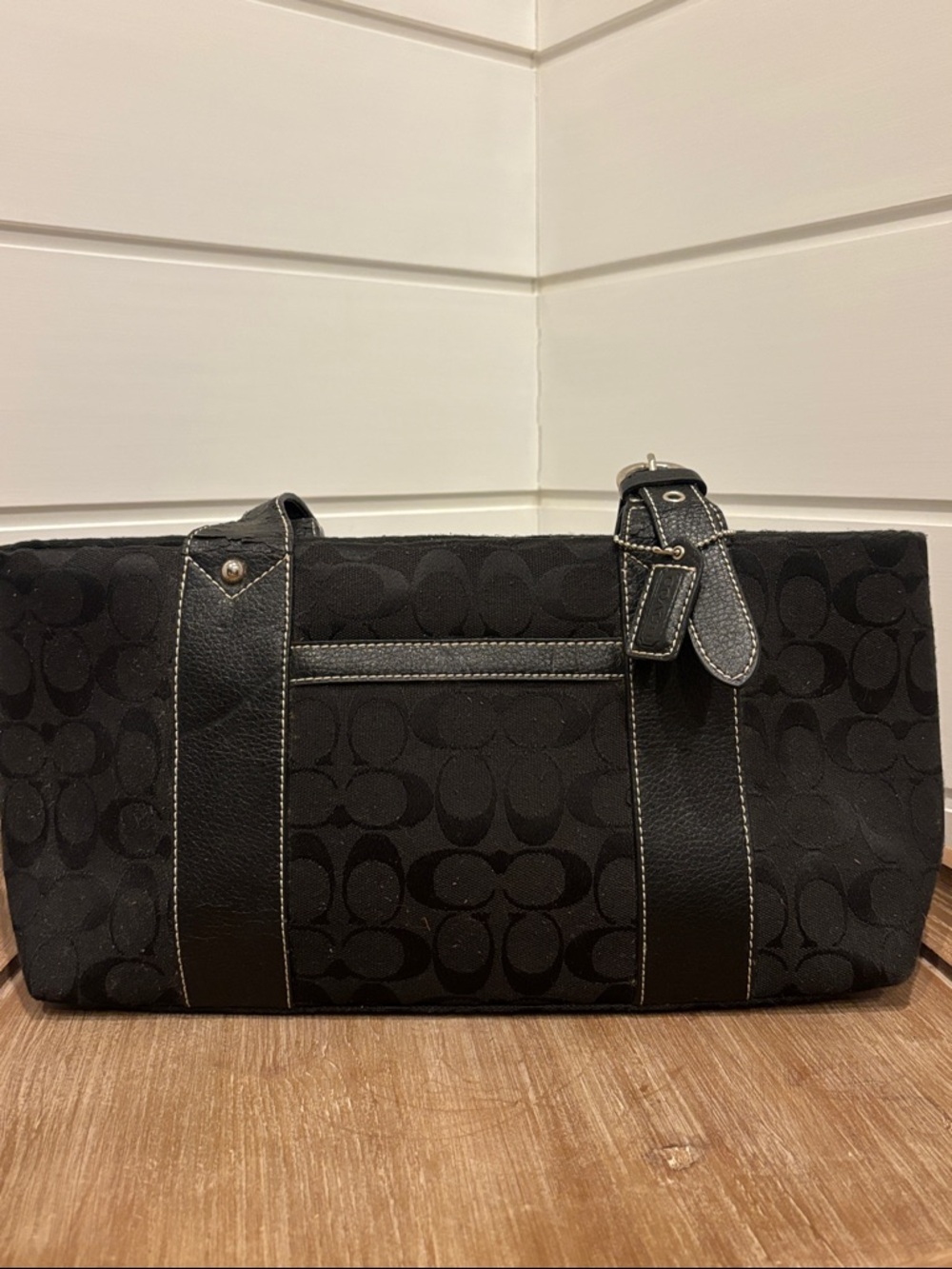 Black Signature Pattern Tote Bag with Contrast Stitching